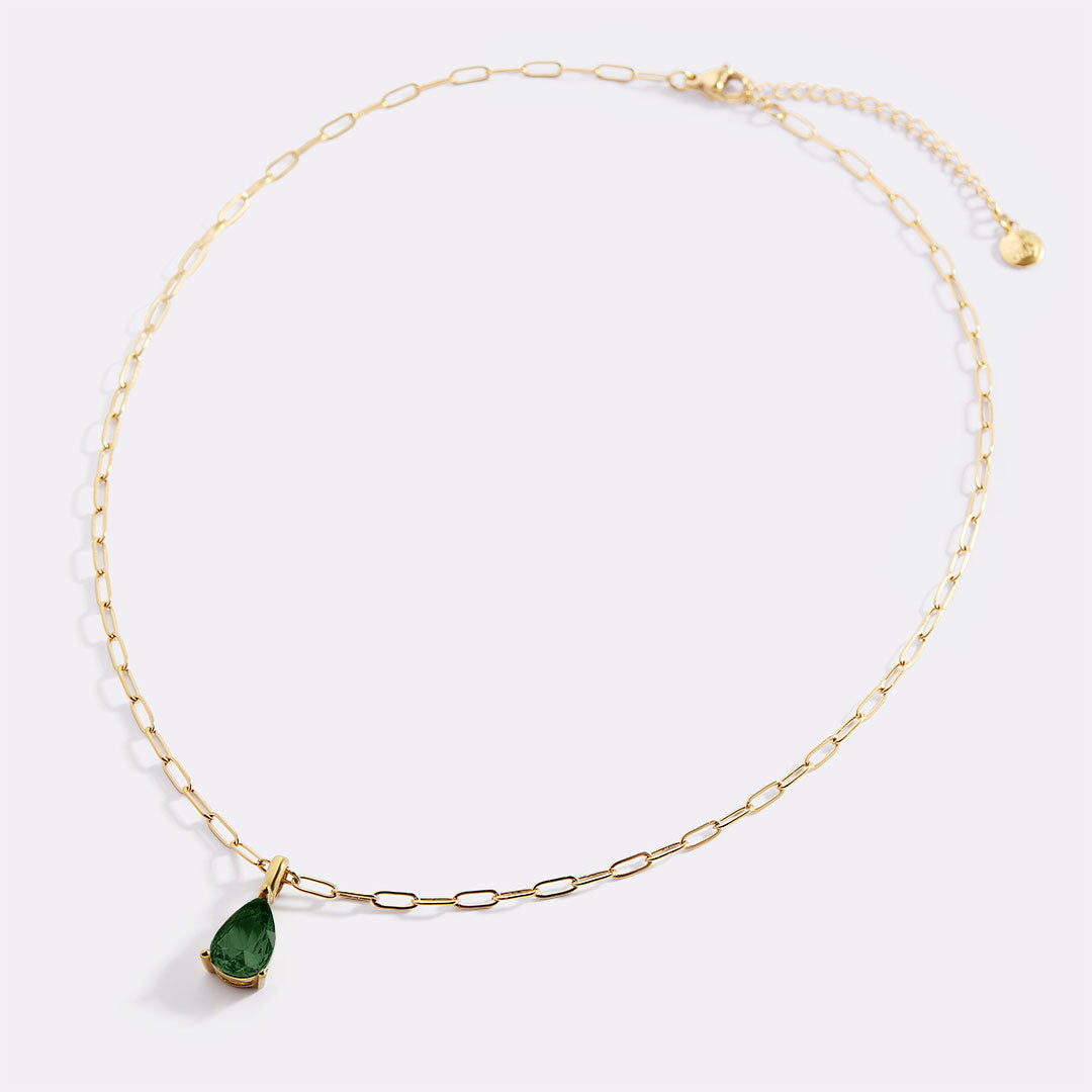 Birthstone Pendant Necklace with Dainty Paperclip Chain